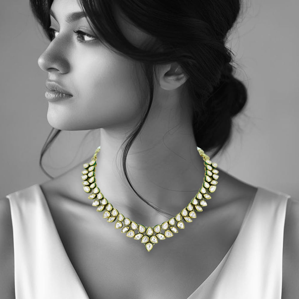 Polki Diamond Necklace with Soft Green Enamel